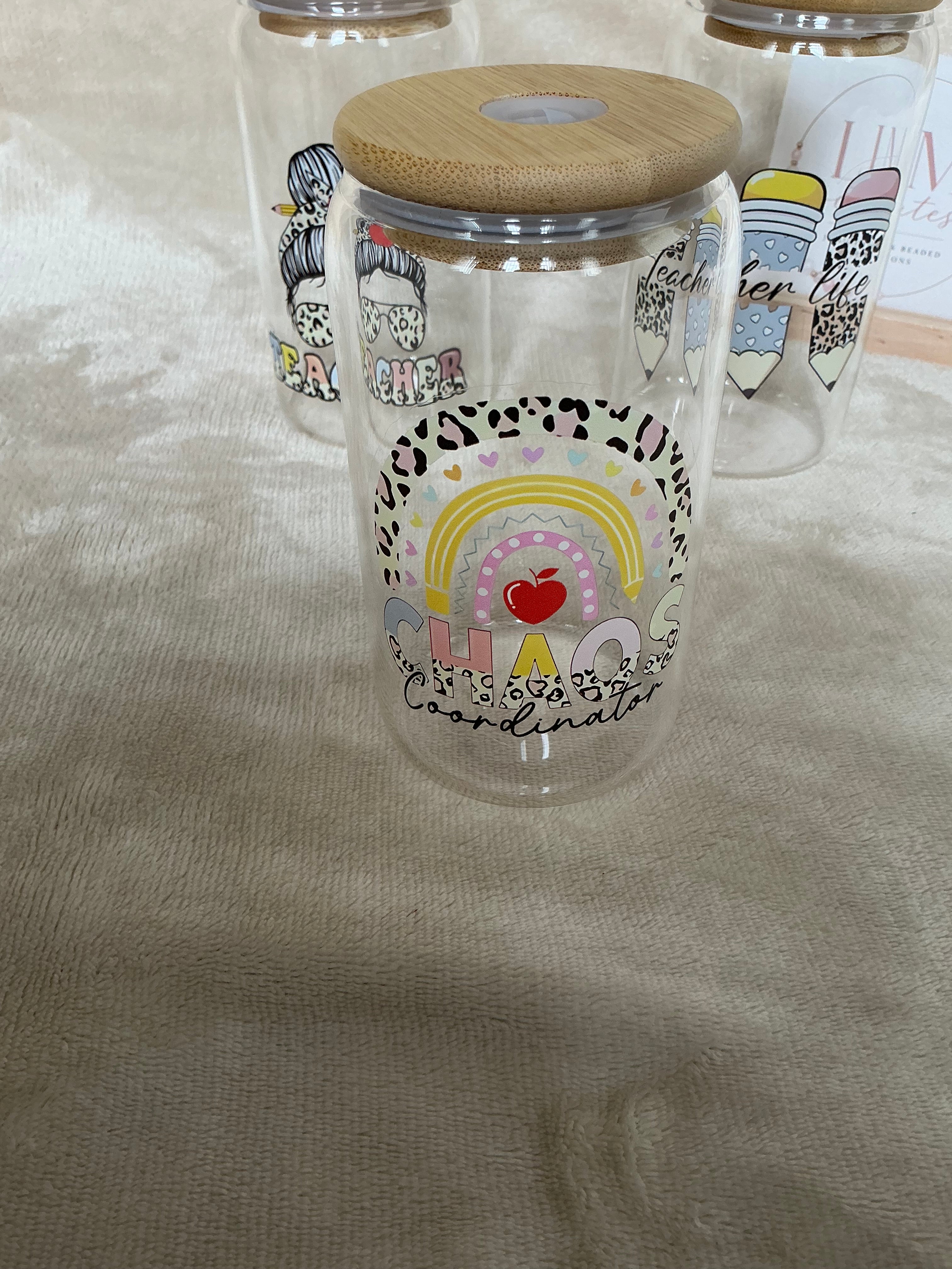 Teacher Themed Glass Cup Collection with Bamboo Lids