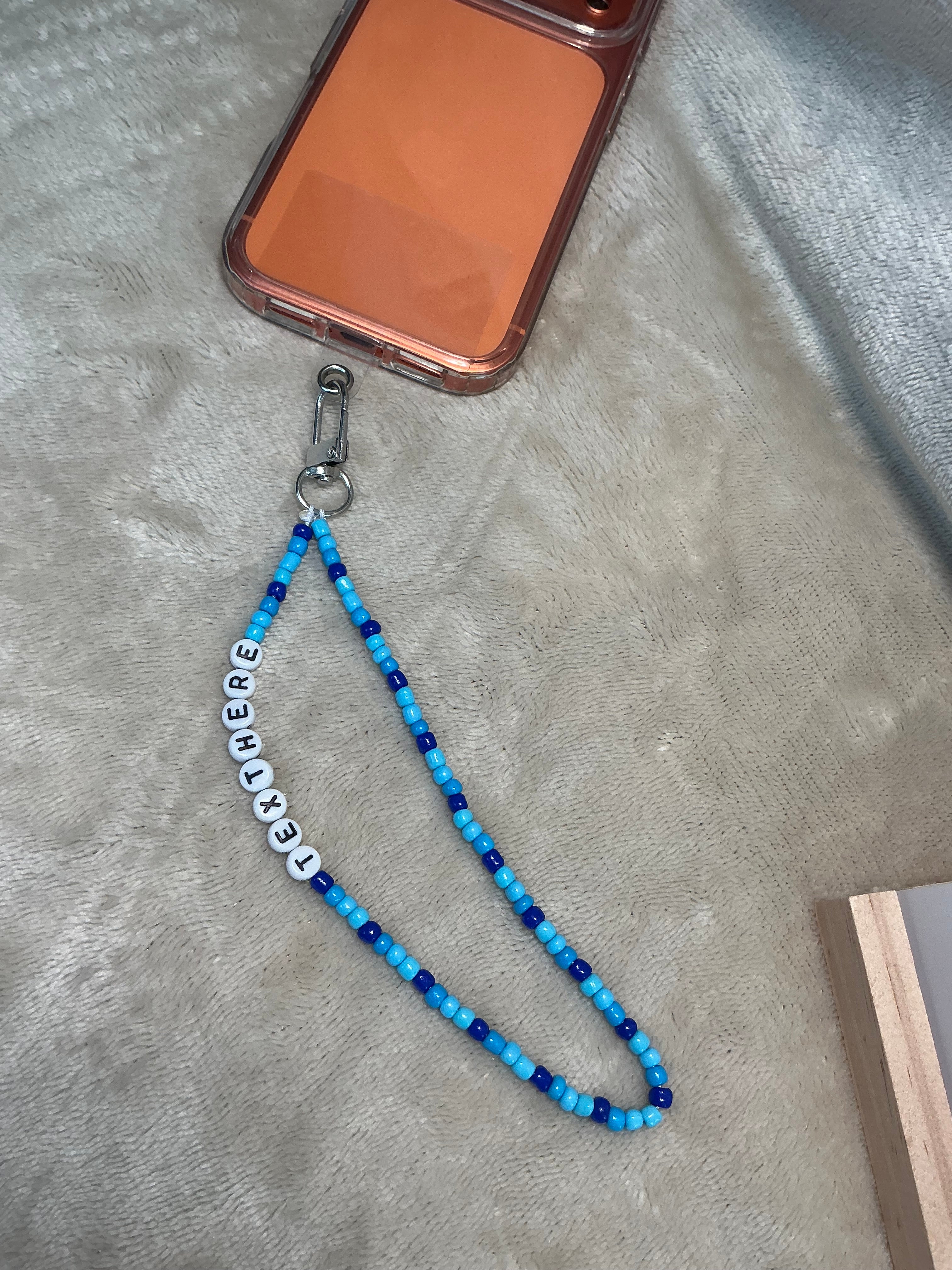 Blue Personalised Beaded Phone Charm | Custom Text Lanyard with Choice of Fastening