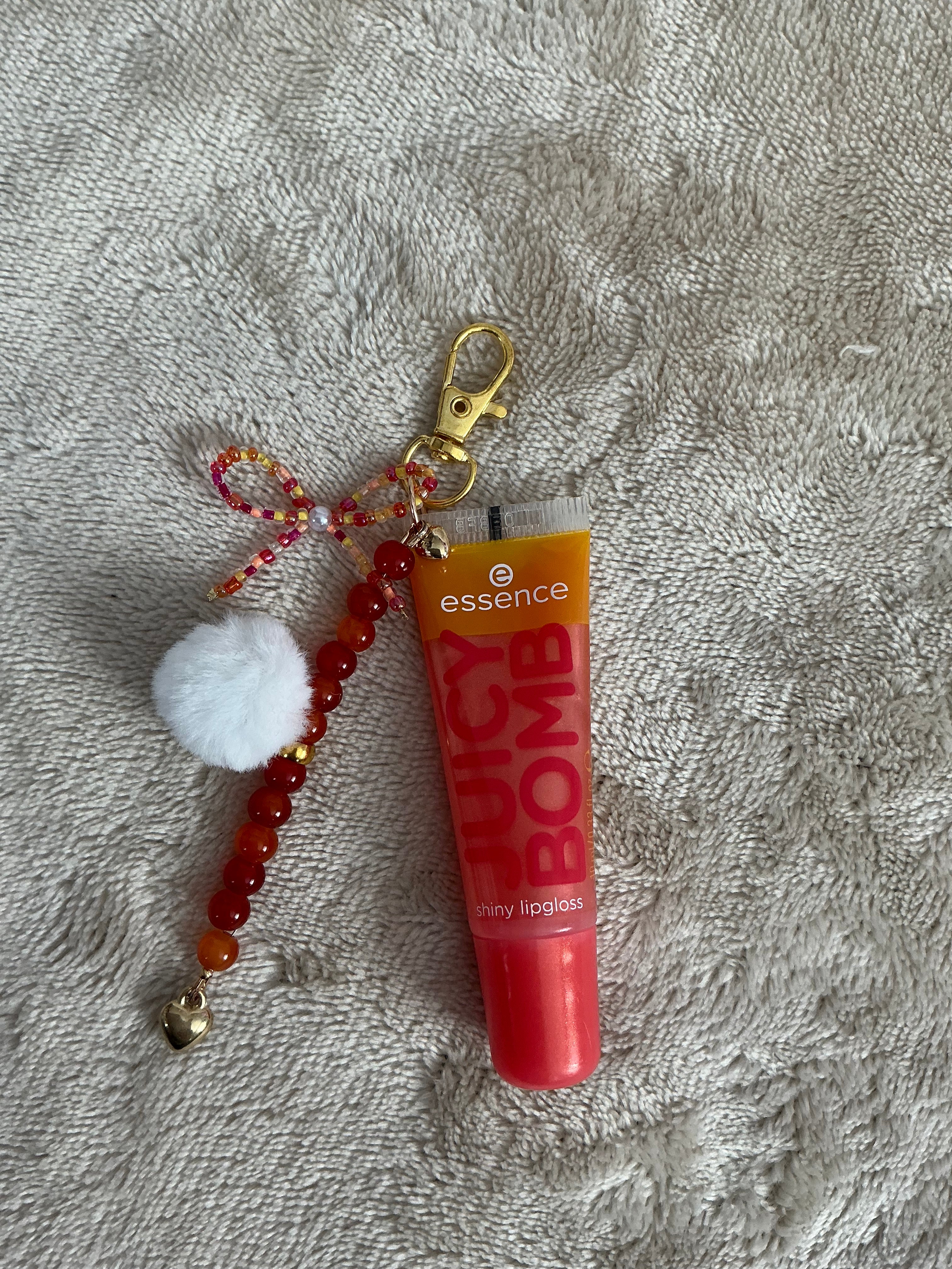 Orange‑Red Heart Beaded Lip Gloss Keychain Charm