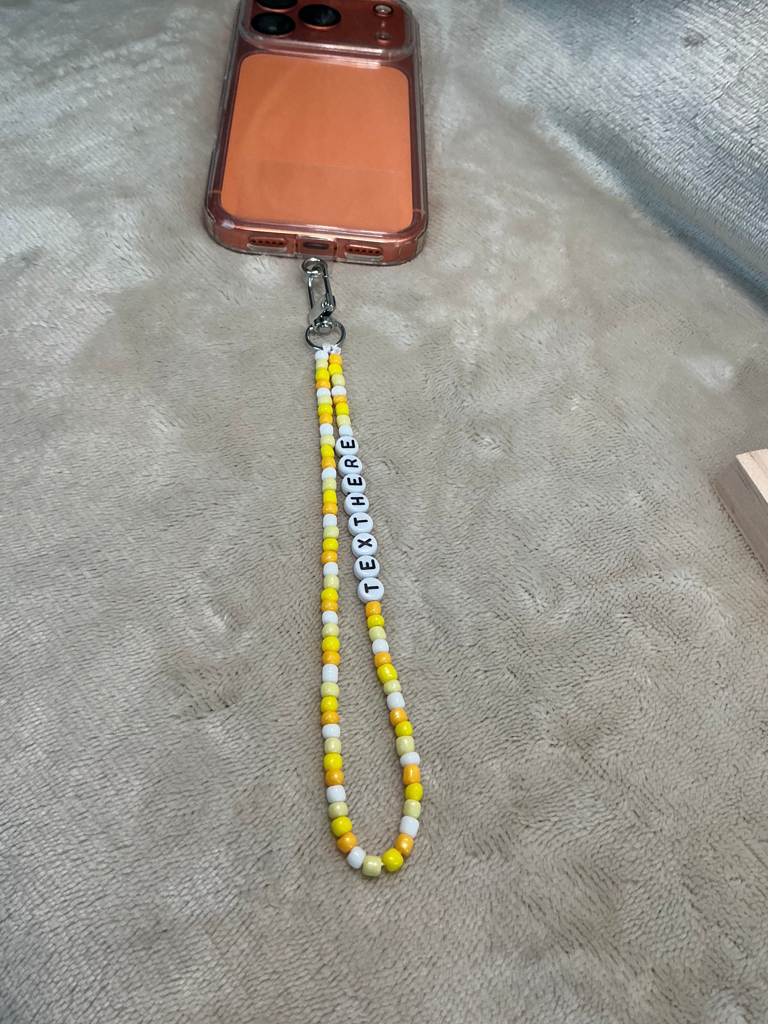 Yellow Personalised Beaded Phone Charm | Custom Text Lanyard with Choice of Fastening