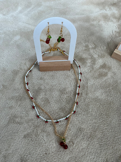 Cherry Charm Layered Jewellery Set – Necklace & Earrings